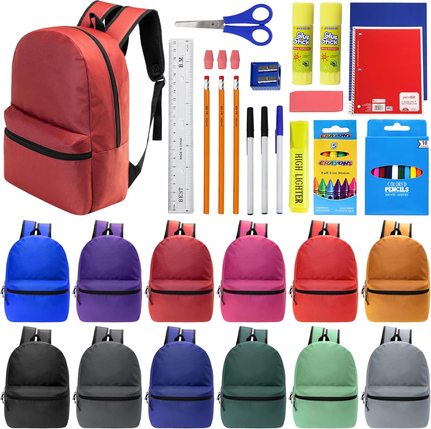 Moda West 17 Inch Bulk Backpacks with 34 Piece School Supplies Kits – Pens, Pencils, Crayons – Case of 12 Wholesale Backpacks in 12 Assorted Colors