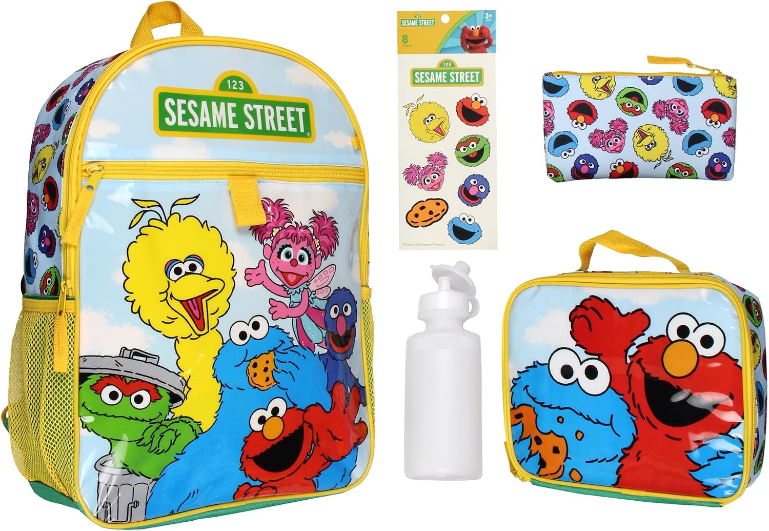 INTIMO Sesame Street Group Cookie Monster Elmo Big Bird 5 PC Mega Set Backpack Lunch Box Pencil Pouch Waterbottle Stickers 16″