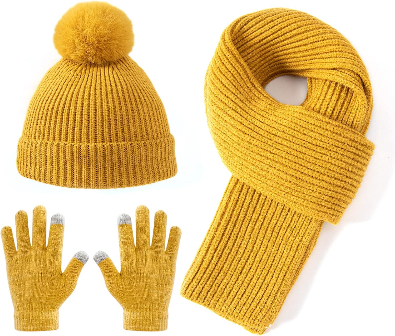 Lallier 3Pcs Kids Hat Scarf and Snow Gloves Set, Winter Knit Warm Soft Pom-Pom Beanie Outdoor for Boys Girls and Toddlers