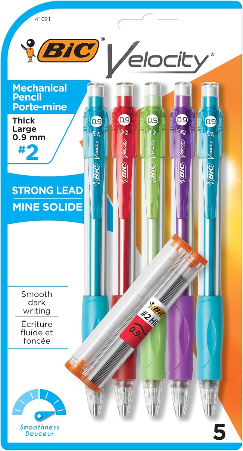 BIC Velocity Strong Lead Mechanical Pencils, With Colorful Barrel, Thick Point (0.9mm), 5-Count Pack Mechanical Pencils With Erasers