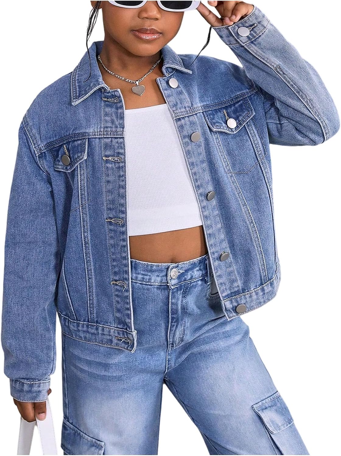 Floerns Girl’s Long Sleeve Denim Jacket Button Up Collared Jean Jacket Outerwear