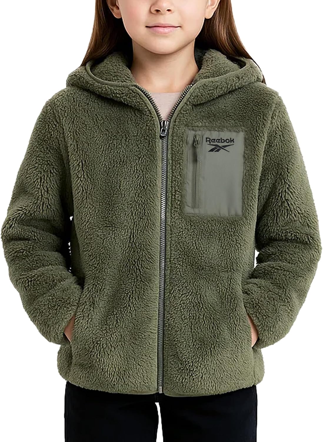 Reebok Girls Fleece Jacket – Soft Plush Sherpa Faux Fur Hooded Winter Jacket for Girls, Warm Lightweight Cozy Teddy Coat