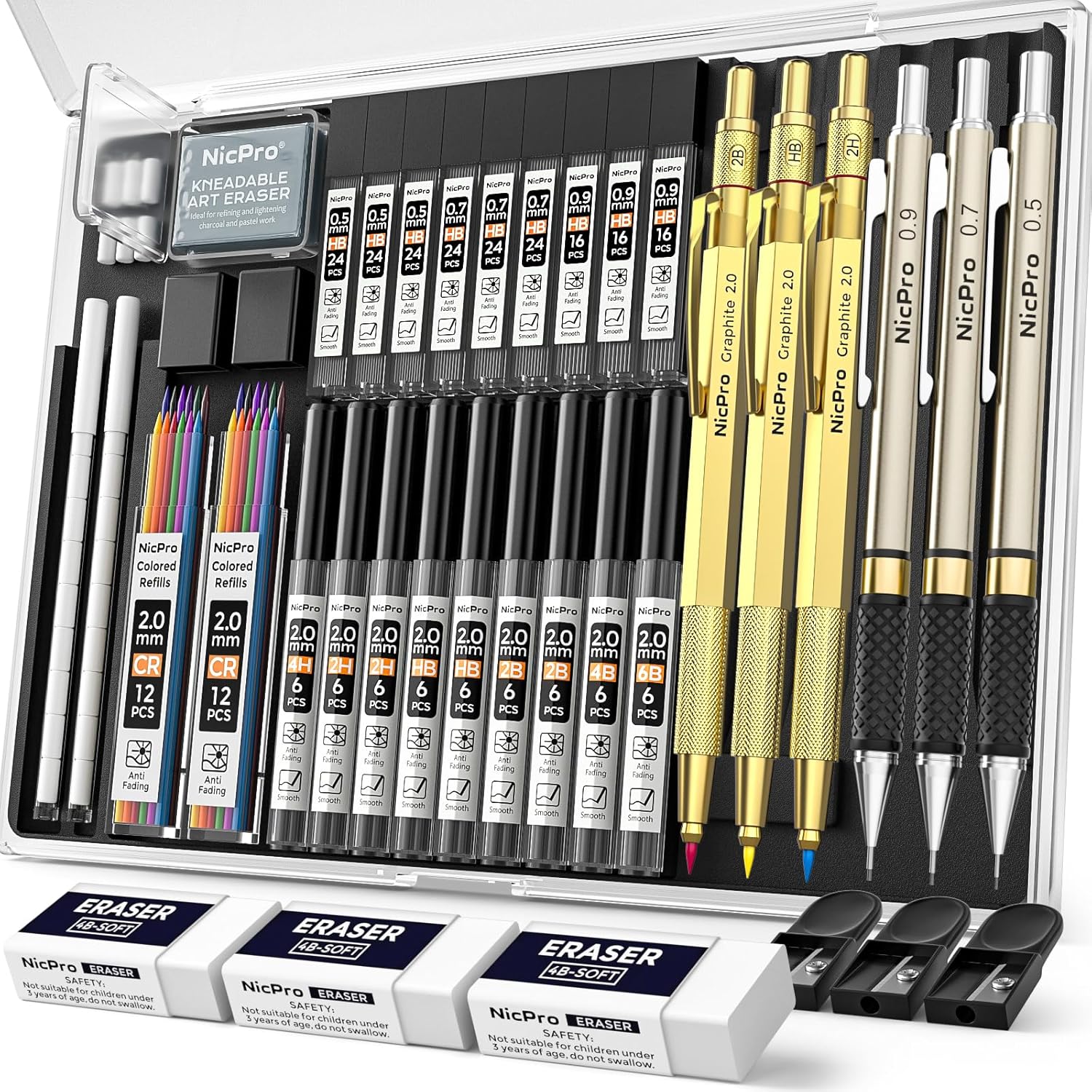 Nicpro 35PCS Gold Art Mechanical Pencils Set, 3 PCS Metal Drafting Pencil 0.5 mm & 0.7 mm & 0.9 mm & 3 PCS 2mm Lead Holder (6B 4B 2B HB 2H 4H Colors) For Sketching Drawing With 20 Tube Lead Refills
