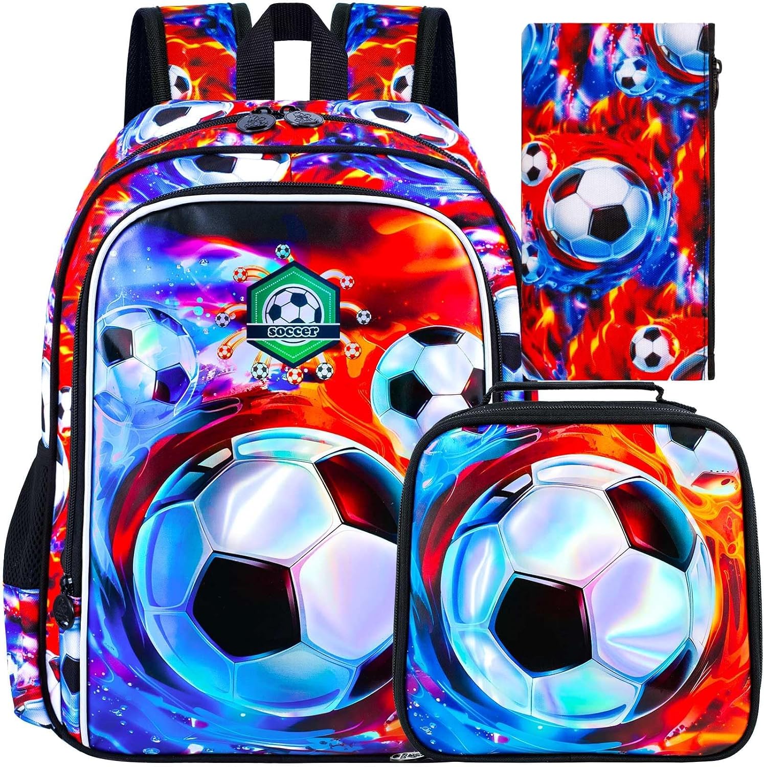 17″ Soccer Backpack for Boy, 3Pcs Football School Backpacks with Lunch Box, Kids Bookbag for Elementary Preschool Kindergarten(Ice and Fire)