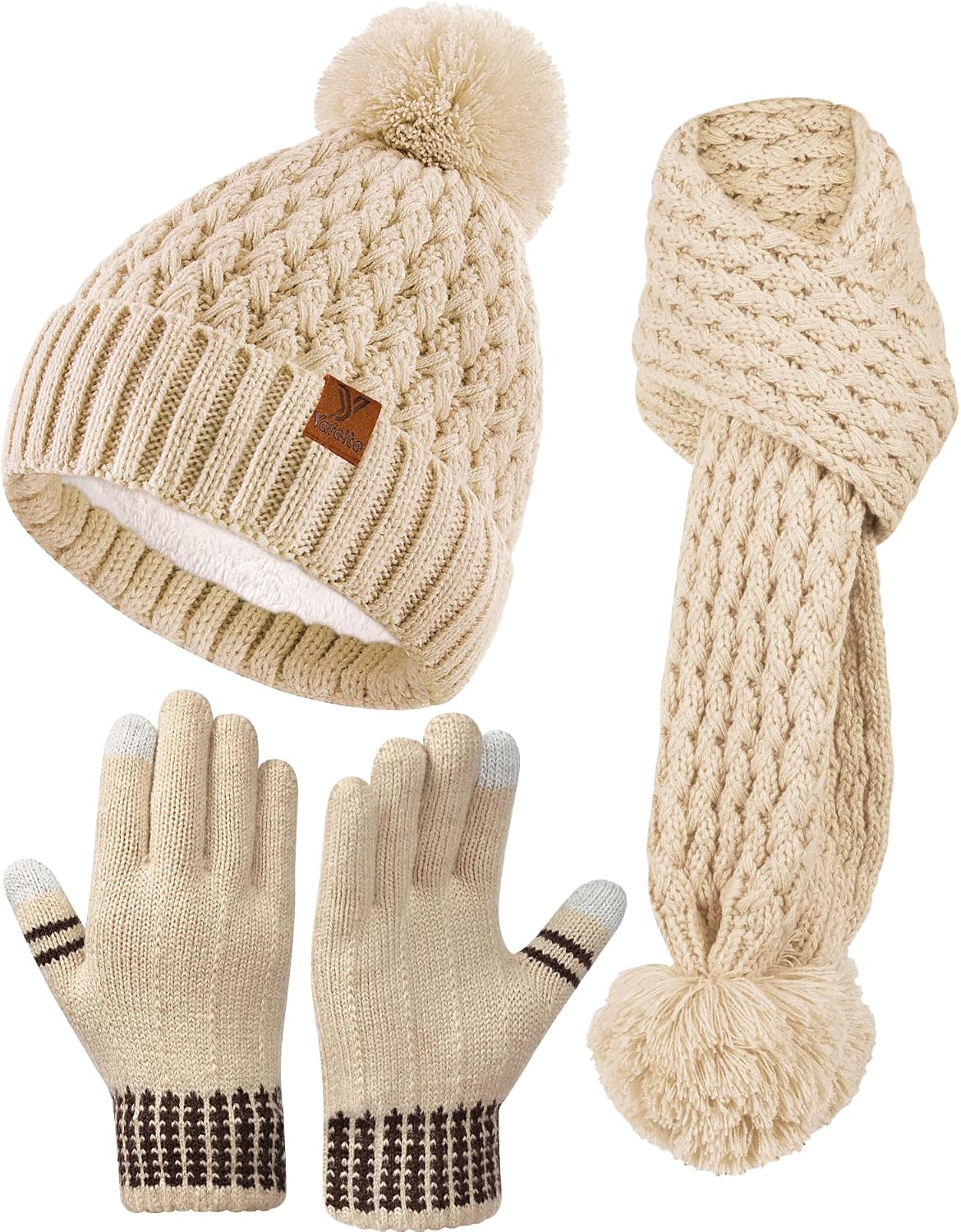 Kids Winter Hat Gloves Scarf Set, Girls Boys Toddler Winter Hat Beanie Pom Knitted Scarves Mittens Fleece Lined Age 5-12