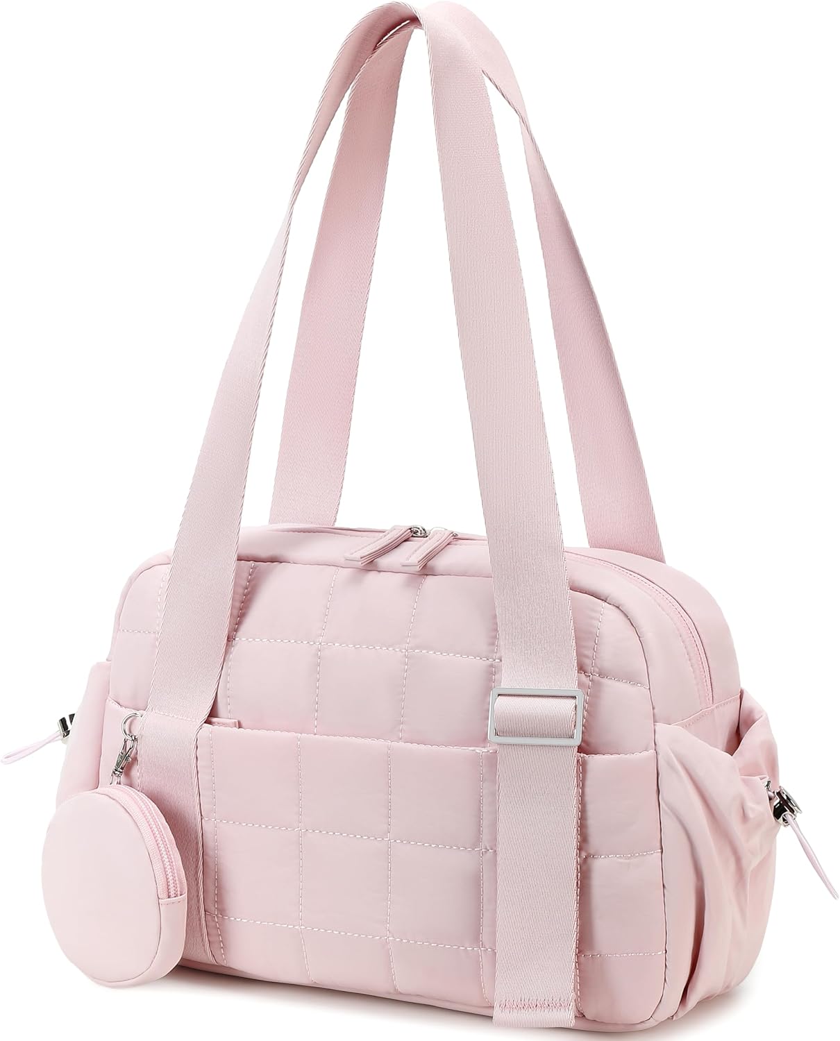 CAMTOP Mini Gym Bag for Women, Small Gym Tote Bag Puffy Quilted Sports Duffel Bag with Wet Compartment and Coin Purse Duffel Bags Dance Yoga Workout Bag for Gifts (All Coral Pink, Mini-12.6″)