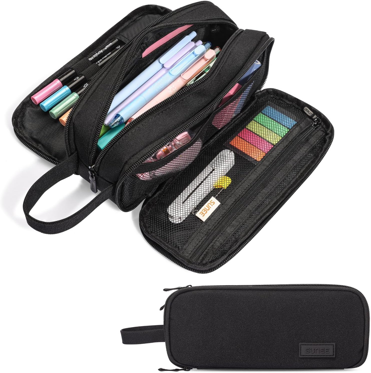 SUNEE Large Capacity Pencil Case with 3 Compartment, Extra Big Pencil Pouch, Pencil Bag with Zipper, Cute High Stationery Organizer, Oxford Pen Box School Supplies for Student Teen Girls Boys, Black