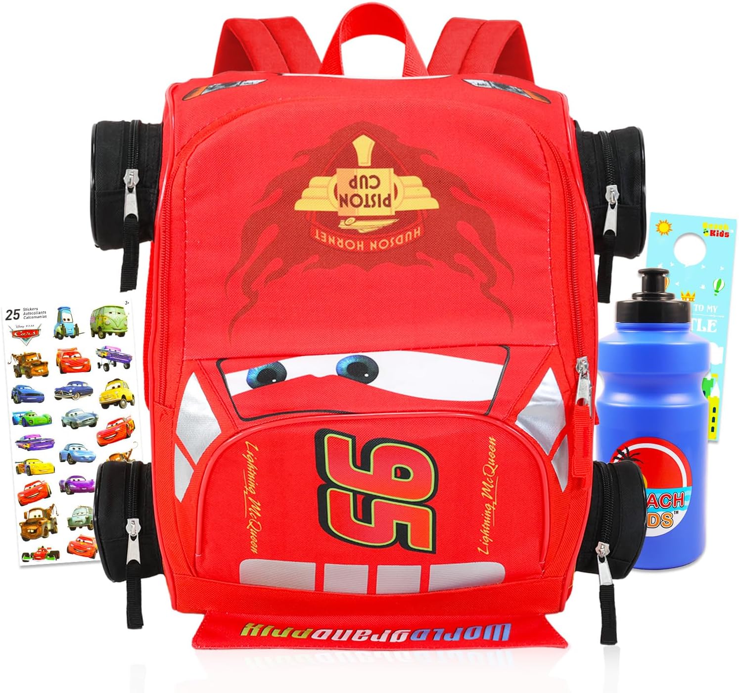 Disney Cars Mini Backpack for Kids – Bundle with 14” Lightning McQueen Backpack with Water Bottle, Stickers, More | 3D Lightning McQueen Travel Bag Set for Girls, Boys