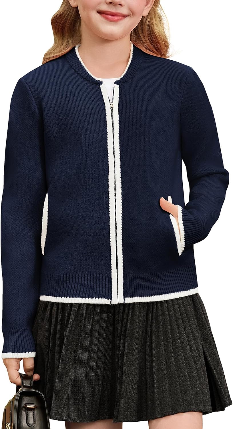 GRACE KARIN Girls Cardigan Knit Zip Uniform Sweater School Winter with Pockets 6-14Y