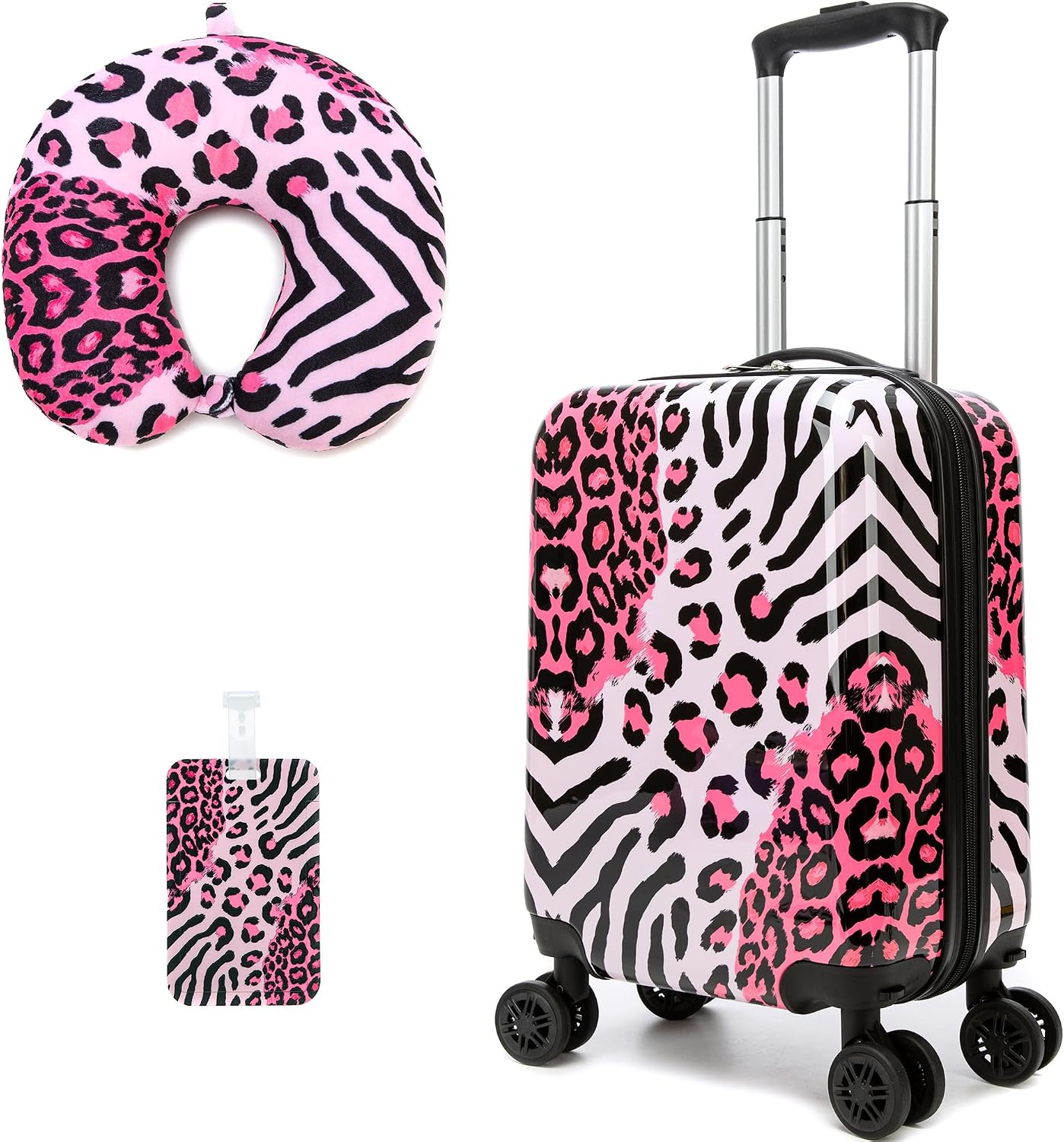 Kids Luggage with Spinner Wheels Carry on Suitcases for Girls 2 Piece Luggage Sets 16″ Toddler Suitcase for Kids Rolling Suitcase Airline Approved (Pink Leopard)