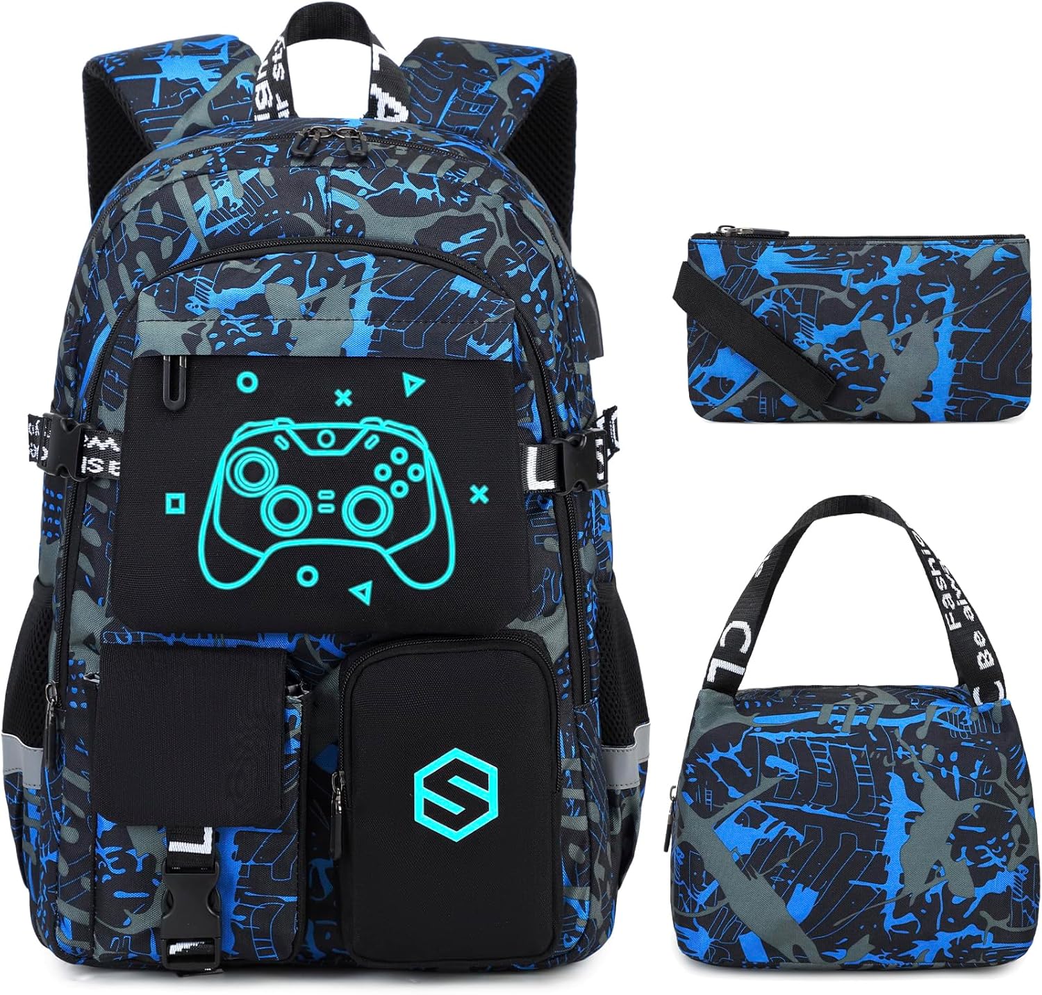 Scothen Boys Backpack, Cool Luminous School Backpacks for Boys with Lunch Bag Pencil Case, Kids Backpack Kindergarten Elementary Middle School Book Bags for Teen Boy Children with USB Charging Port