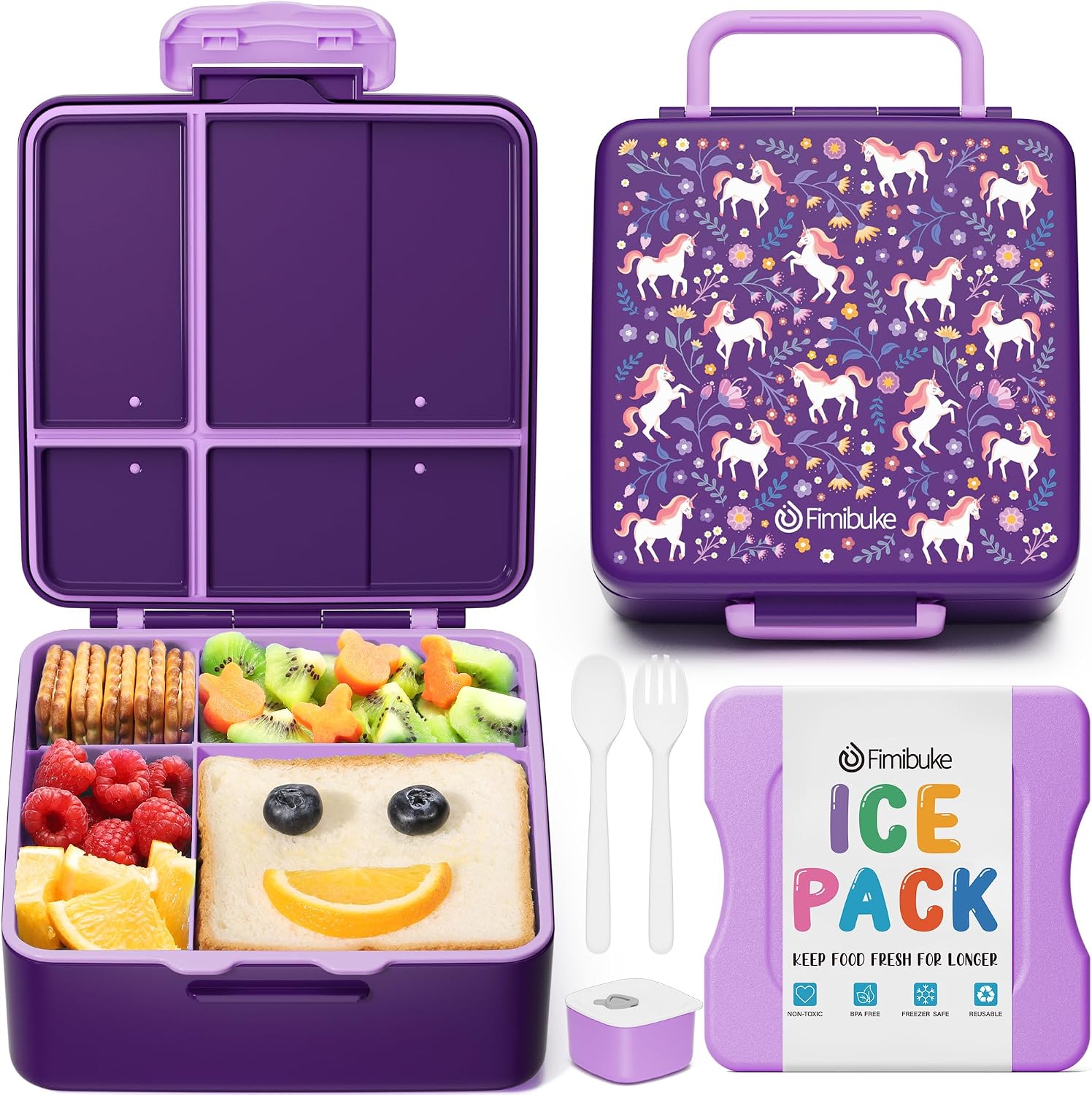 Fimibuke Chill Bento Box for Kids Adult, Leak Proof Toddler Lunch Box with Ice Pack Keep Food Cold, BPA Free 4 Compartment Lunch Container with Utensils for Girl Boy School, Microwave Dishwasher Safe