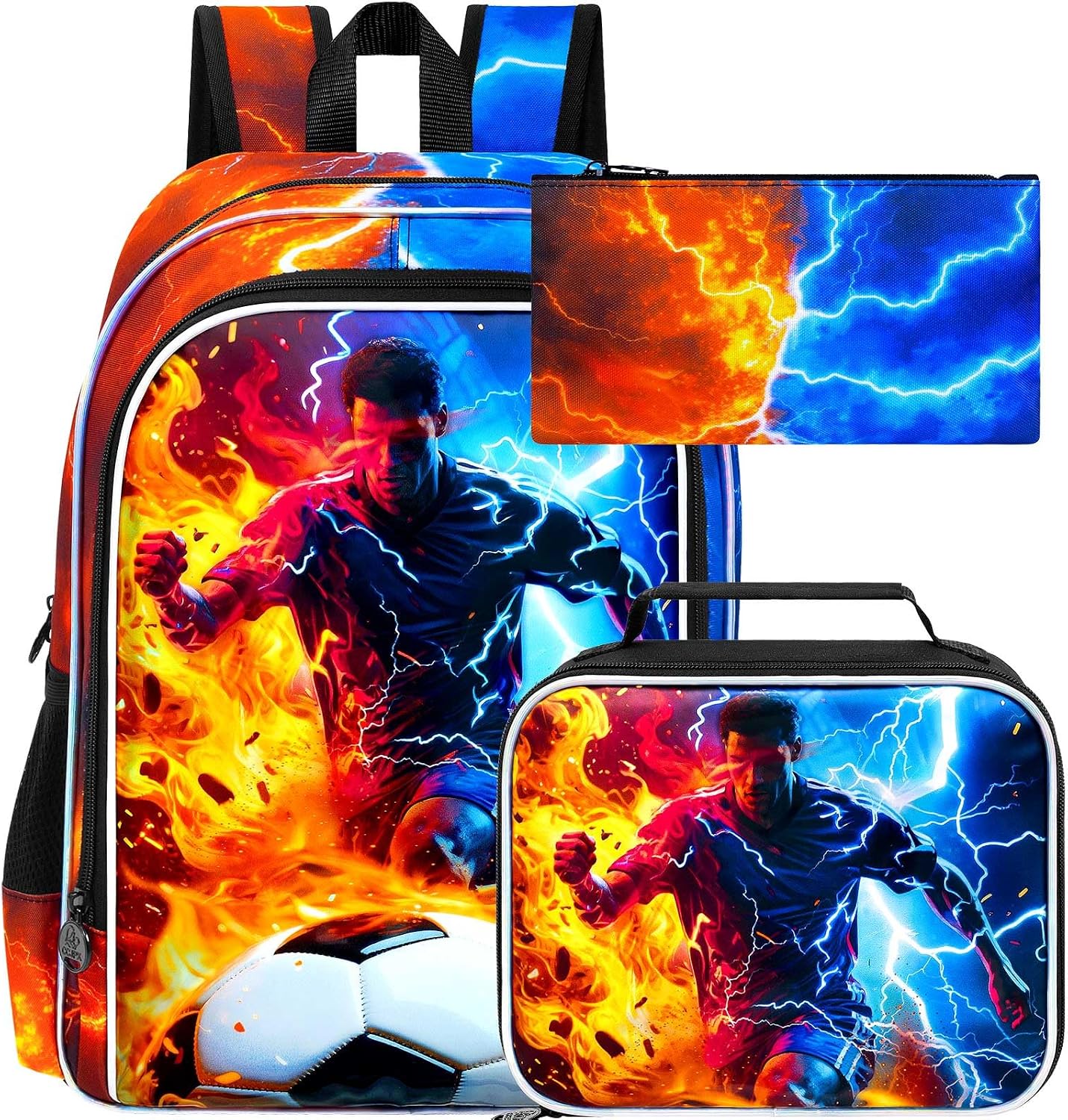 gxtvo 3PCS Soccer Backpack for Kids, 17″ Boys School Bookbag with Lunch Box, Water Resistant Lightning Bag Middle Elementary – Fire & Lightning Soccer Player