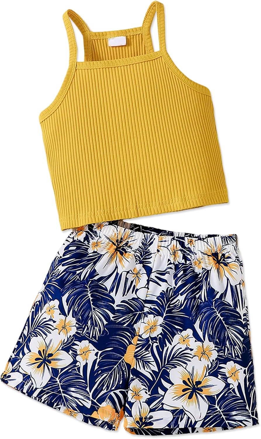 Doresbebe Toddler Girls Summer Clothes 2 Piece Outfits Tank Tops Sleeveless Shirt Floral Shorts Hawaiian Clothing Sets