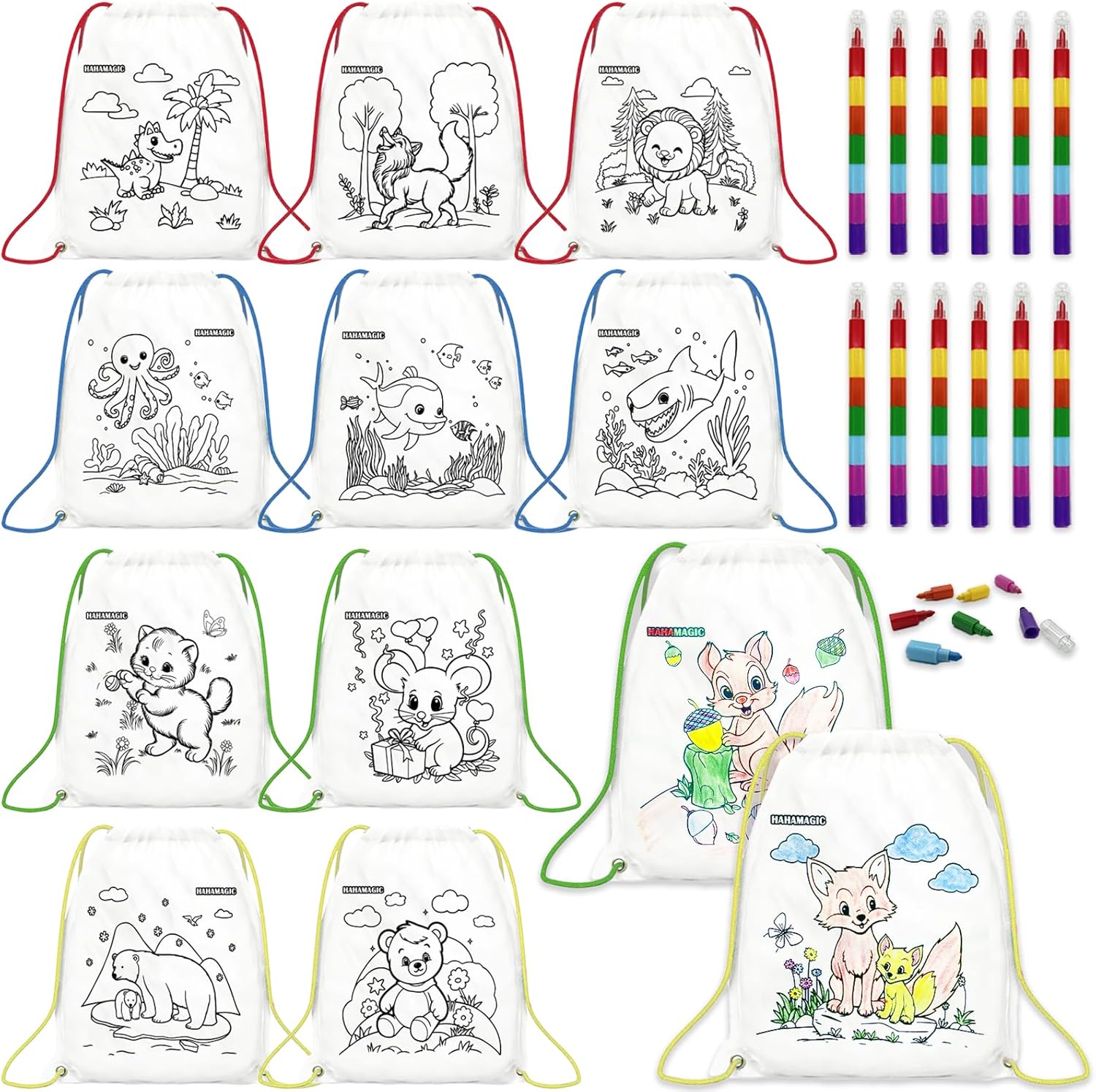12 PCS Colorable Drawstring Backpack for kids with 12 stackable crayons (7 Colors Each), Perfect for return gifts, birthday goodie bags and art party favor bags for kids
