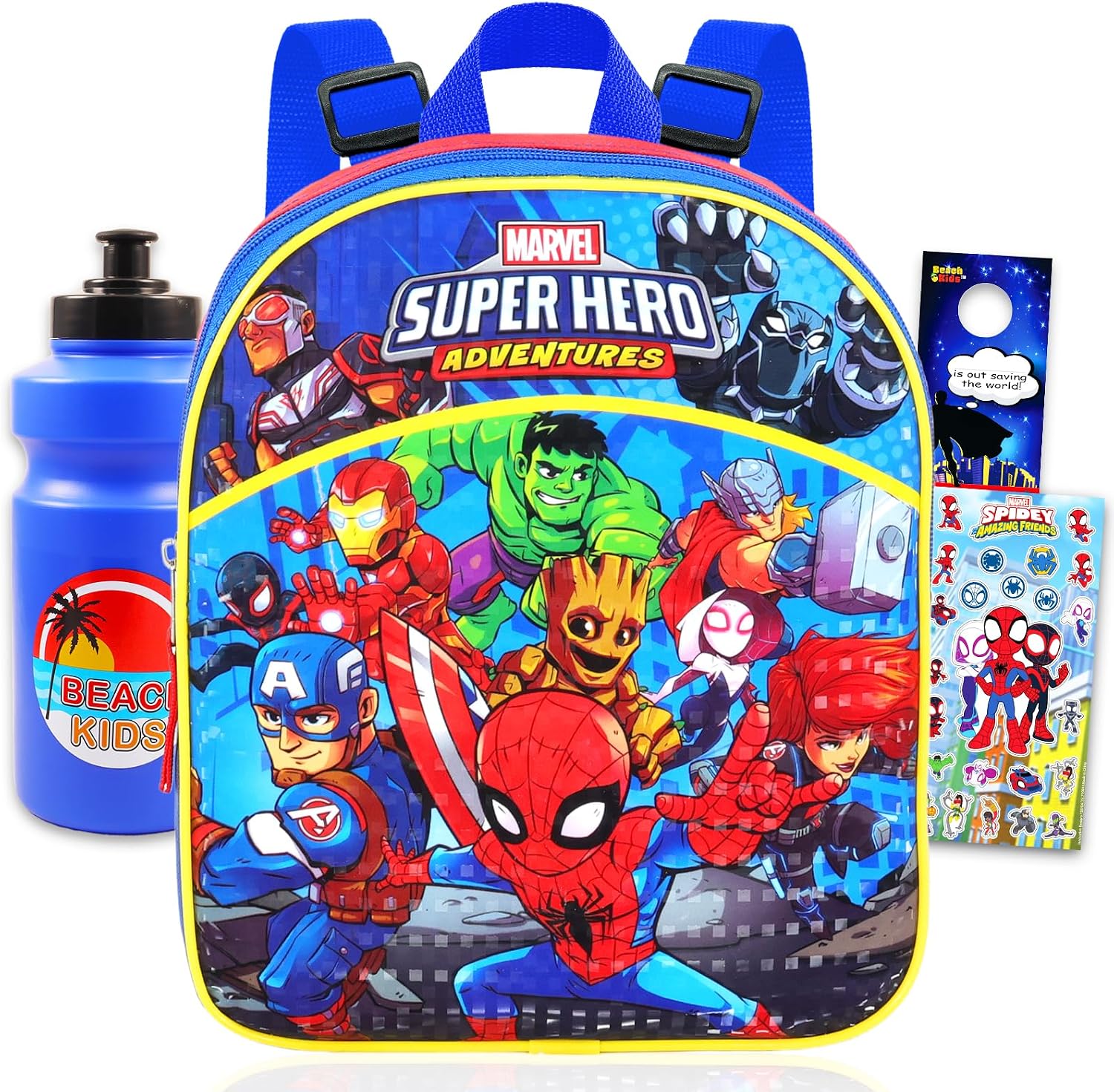 Spidey and Friends Mini Backpack Set – Bundle of 11″ School Bag, Water Bottle, Button, Stickers, More | Spiderman Small Backpack for Toddlers Kids