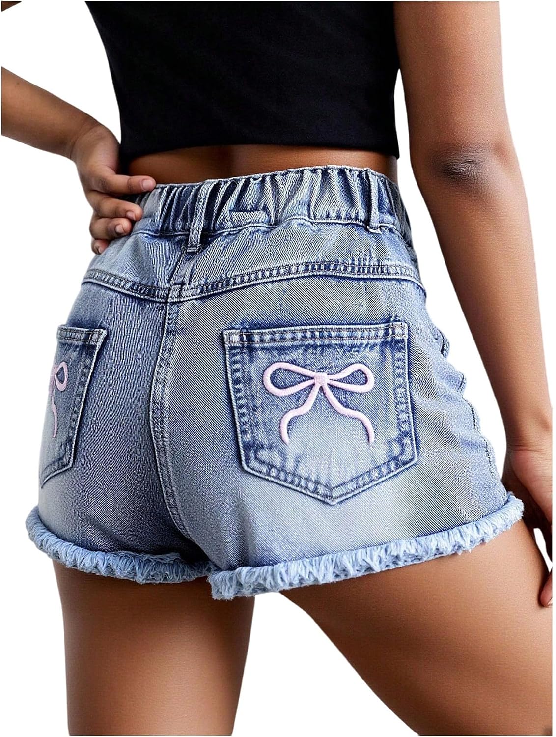 Floerns Girl’s Cute Bow Embroidery Jean Shorts Elastic Waist Raw Hem Ripped Denim Shorts