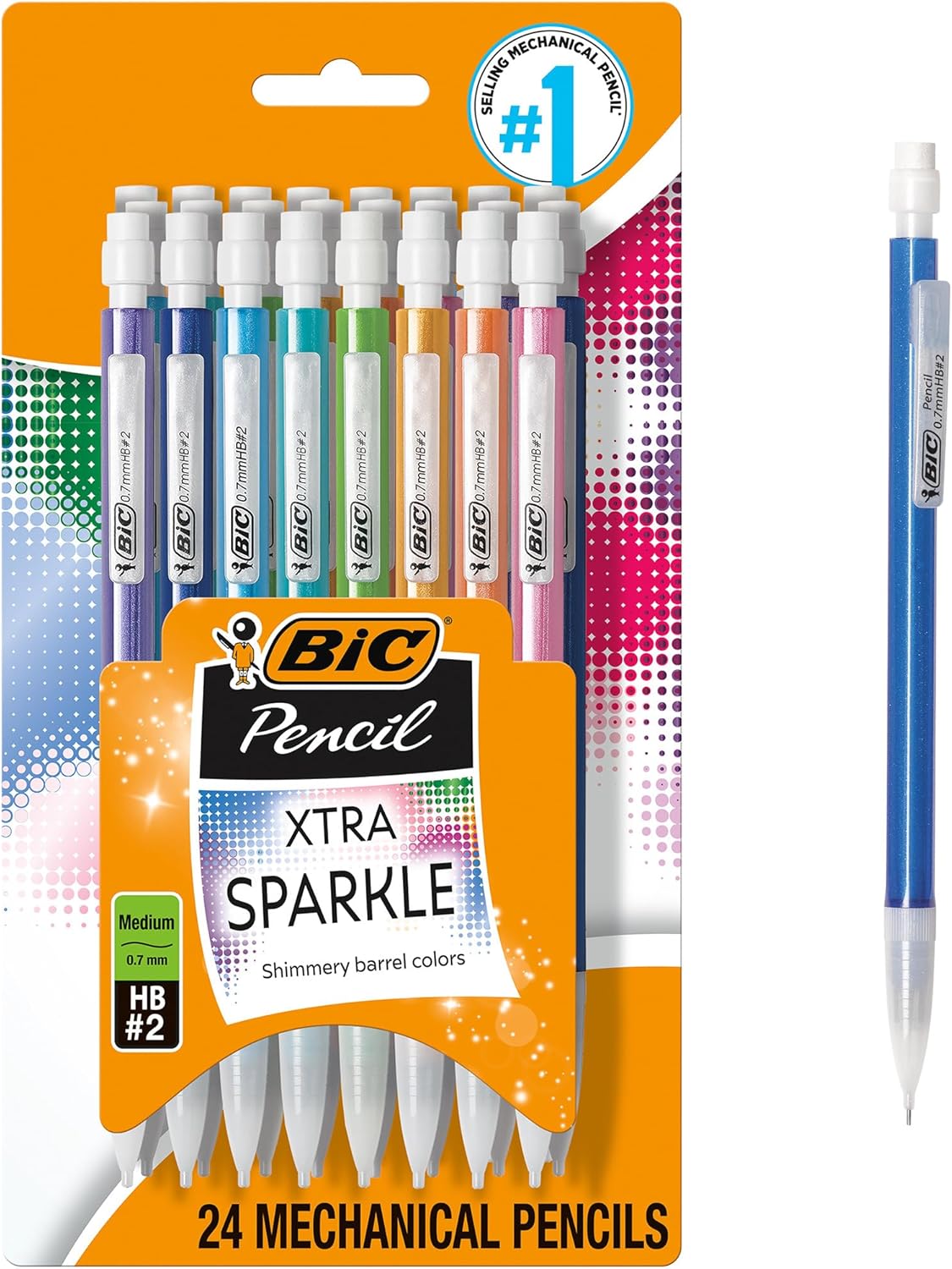 BIC Xtra-Sparkle Number 2 Mechanical Pencils With Erasers, Medium Point (0.7mm), 24-Count Pack, Mechanical Pencils for School Supplies