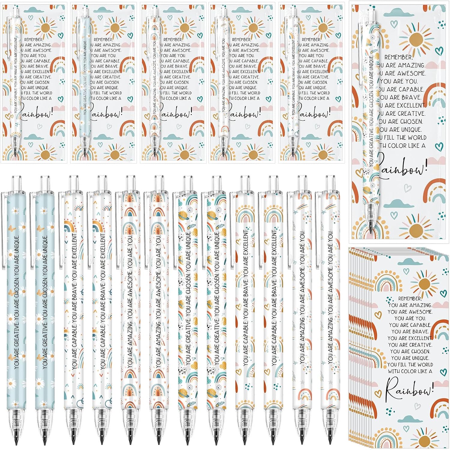 Affrolling 30 Set Rainbow Inspirational Pencils Motivational Back to School Student Gifts First Day of Class Black Lead Mechanical Pencils with Bookmark Positive Card for School Teacher Classroom