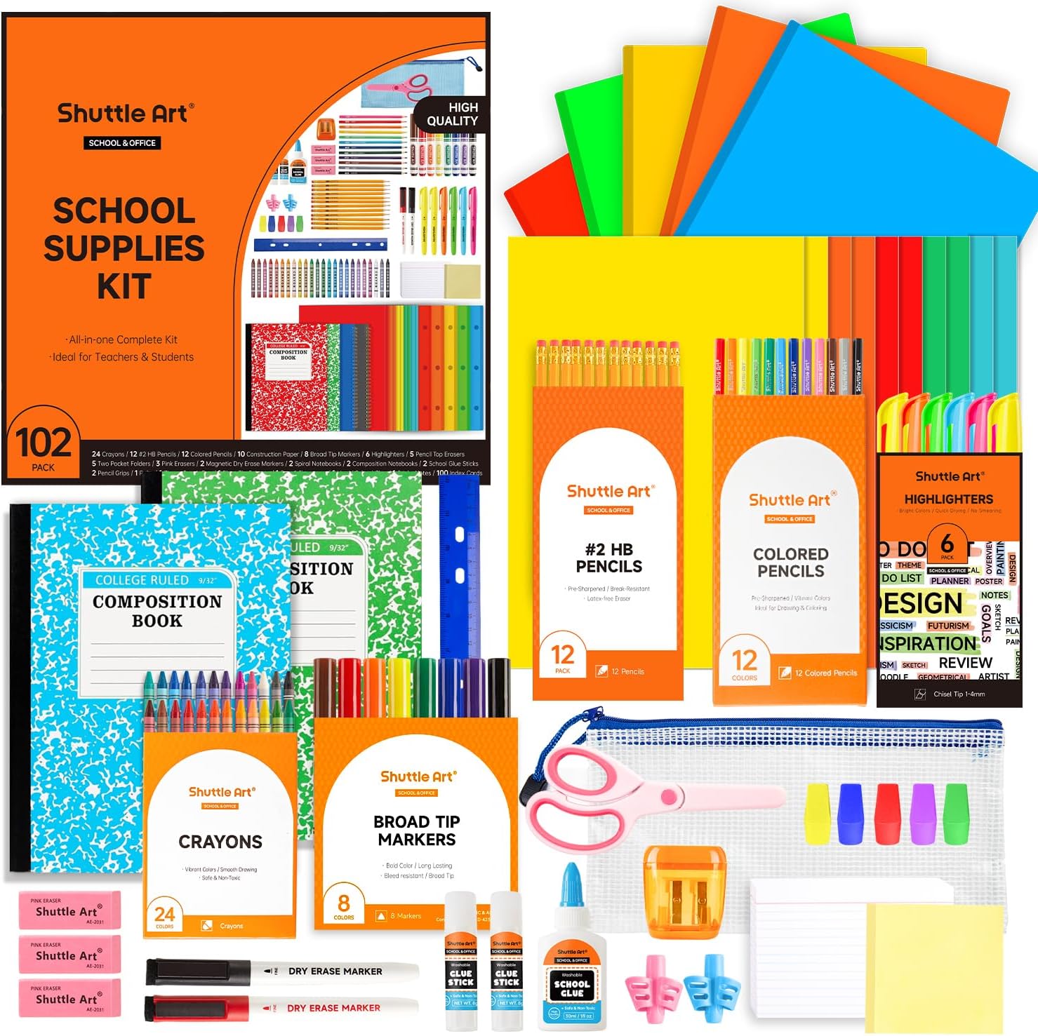 Shuttle Art 102 PCS Back to School Supplies Kit, School Supply Box for Grades K-5, School Supplies for Kids and Students, Including Pencils, Pens, Markers, Erasers, Notebooks, Folders and More