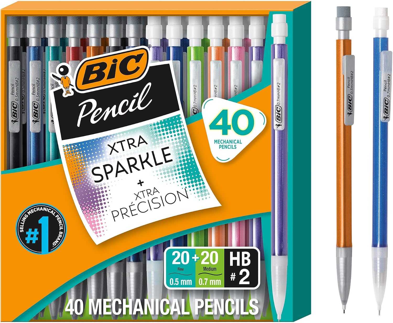 Bic Mechanical Pencil #2 EXTRA SMOOTH, 40 Pack Of Twenty 0.5mm, and Twenty 0.7 mm – Assorted Colored Barrels – Variety Pack of Bic Lead Pencils