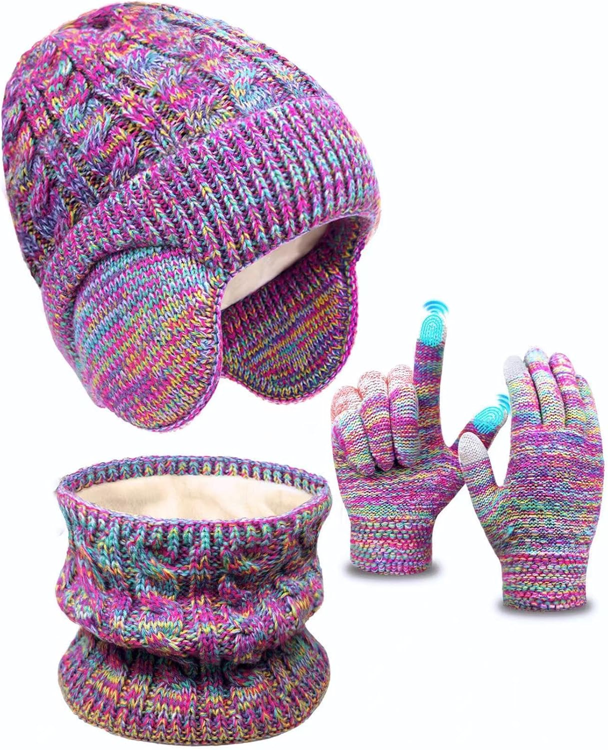 Kids Winter Hat Gloves Scarf Set,Toddler Girls Boys Beanie Hat with Earflaps,Knit Mittens & Neck Gaiter Warmer for Kids 4-12