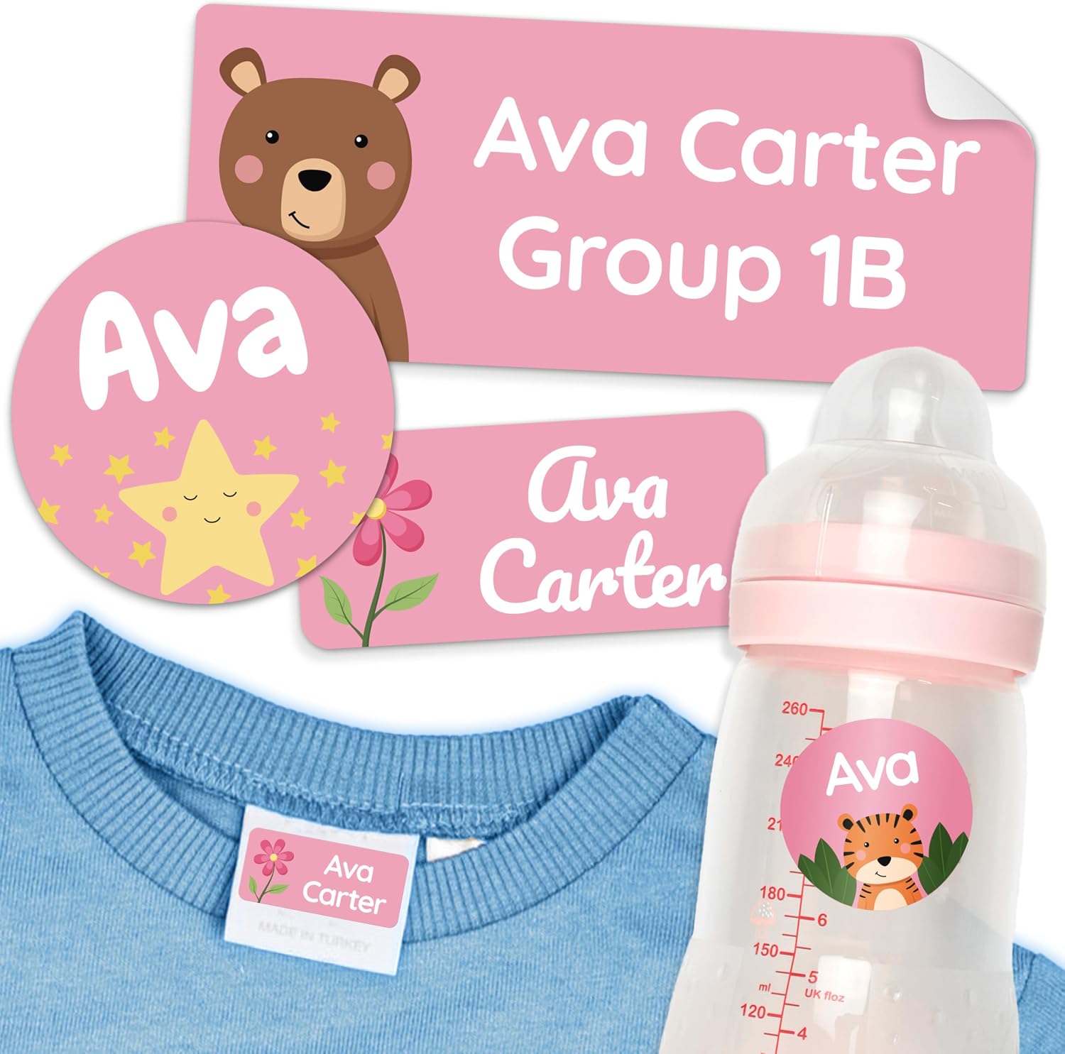 Personalized Daycare Name Labels for Kids [70pcs, Pink] – Waterproof Name Stickers for School, Baby Bottles & Clothing – Custom Name Stickers – Washable Stick On Labels (Various Sizes)