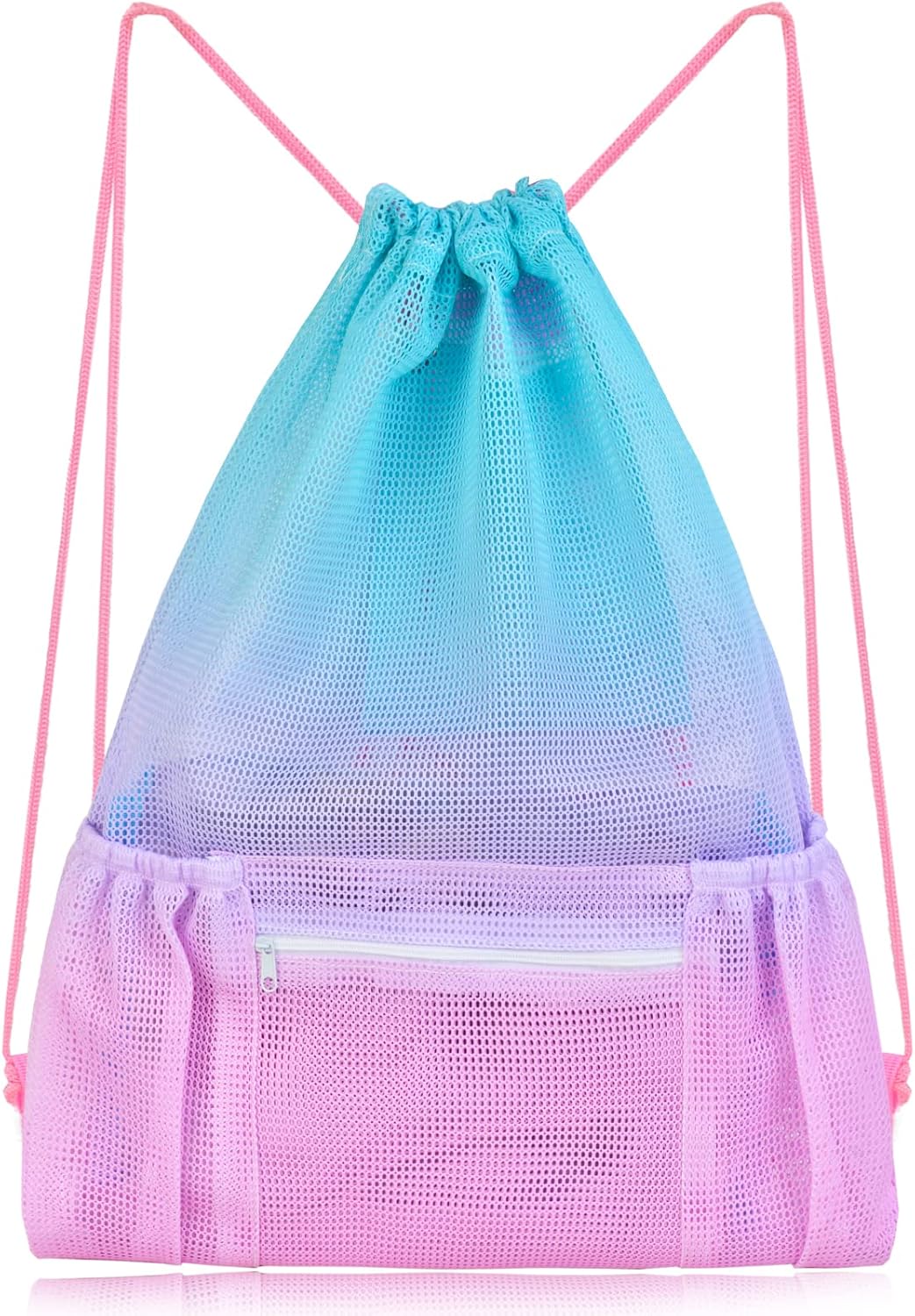 Mesh Drawstring Bag with Zipper Pocket, Beach Bag for Swimming Gear Backpack Gym Storage Bag for Adult Kids (Pink Blue)