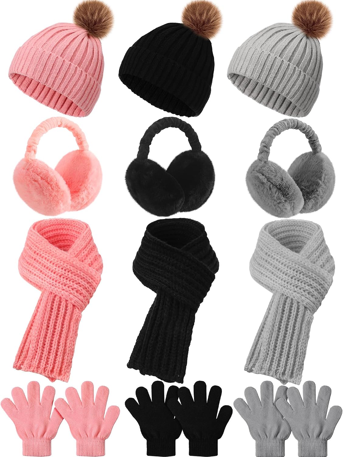 Suhine 12 Pcs Winter Soft Kid Hat Scarf Gloves Earmuffs Set Knit Hat and Gloves Neck Warmer Plush Ear Muffs for Kid Aged 3-10
