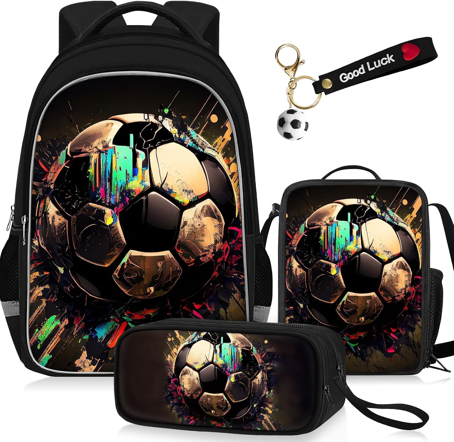TILYTADLY School Backpack for Boys – 4pcs Soccer Boys Backpack with Lunch Box and Pencil Case for Kids Children Teens Elementary Middle School – Students Bag for Ages 6-18,17″Bookbag Travel Back Pack