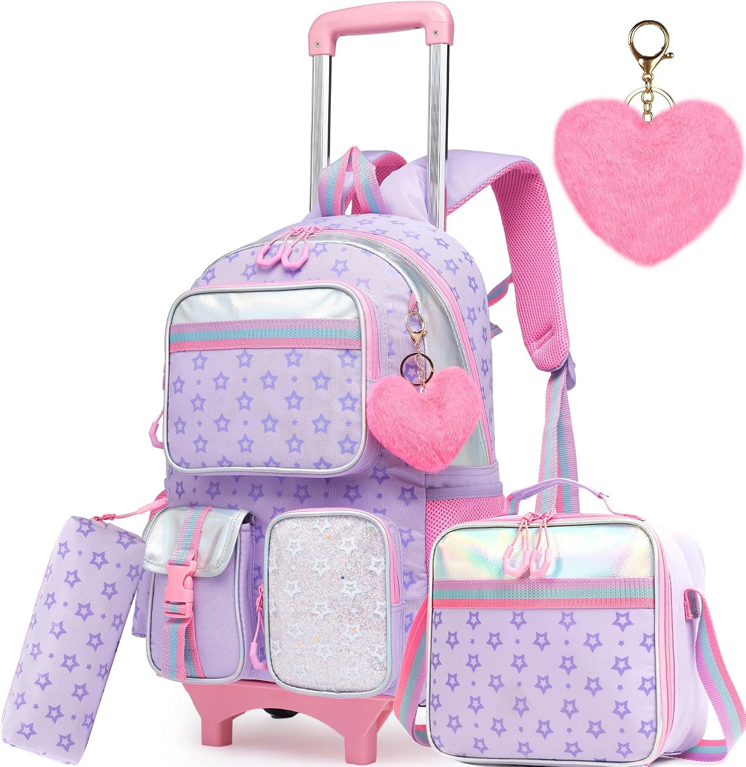 Meetbelify Girls Rolling Backpack with Wheels – Cute Kawaii Carry On Backpack for Elementary Students – Purple