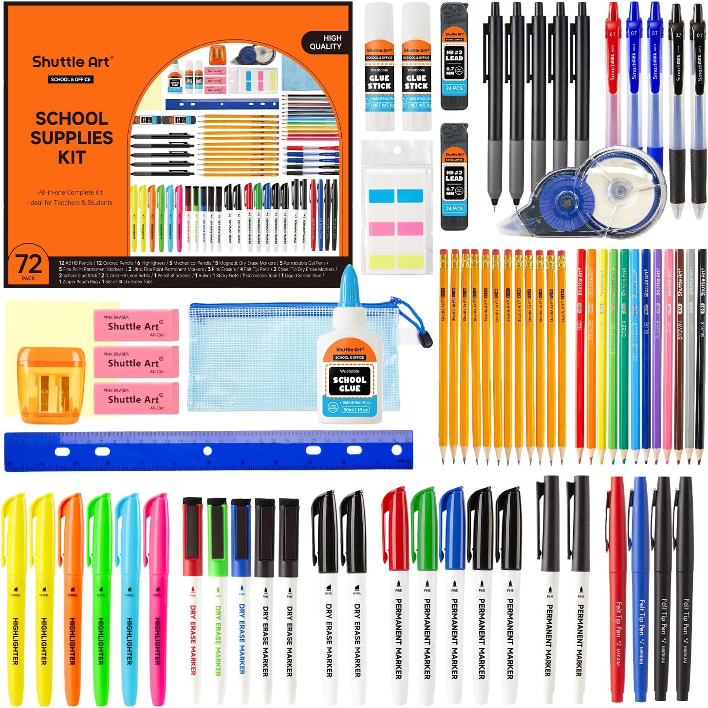 Shuttle Art 71 Pack School Supplies Kit, Back to School Supplies for Teachers, Middle High Schools, College School Supply with Highlighters, Pencils, Gel Pens, Dry Erase Markers, Felt Tip Pens, Glue