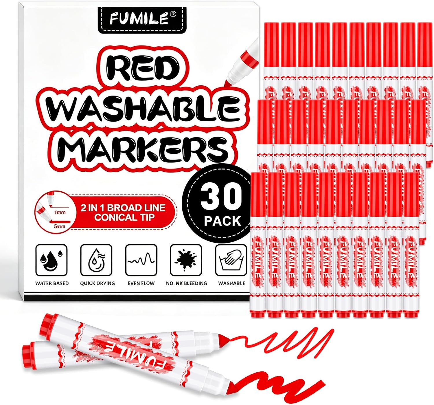 FUMILE 30 Pcs Red Washable Markers Bulk, Markers for Kids,Broad Line Conical Tip Coloring Marker Bulk for Student,Back to School Supplies, Teacher Classroom Must Haves & Essentials