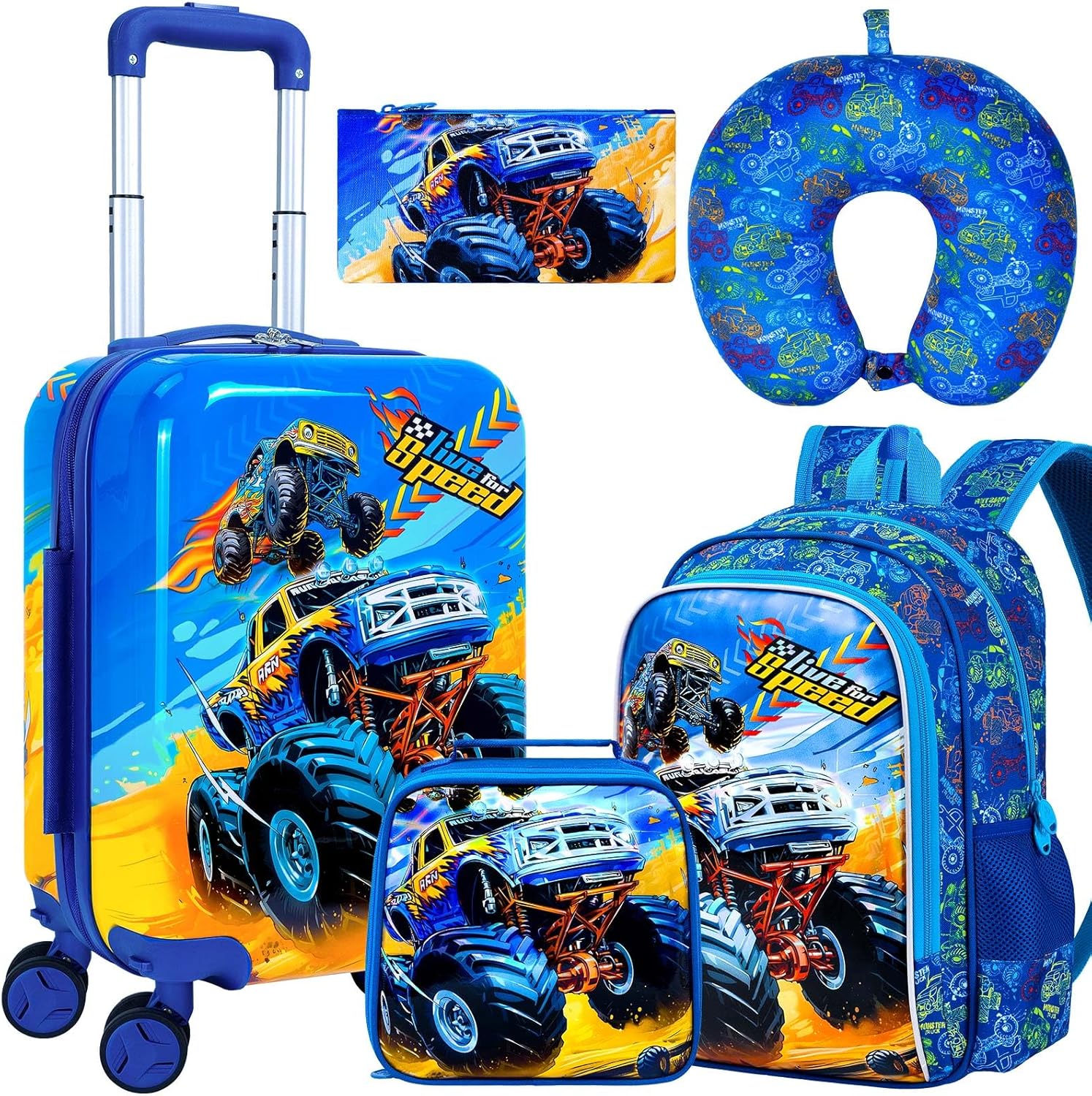 5PCS Kids Luggage Set, Airline-Approved Carry-On with 360°Spinner Wheels, Cute Travel Suitcase for Boys & Toddlers – Dynamic Dual-Truck Blue