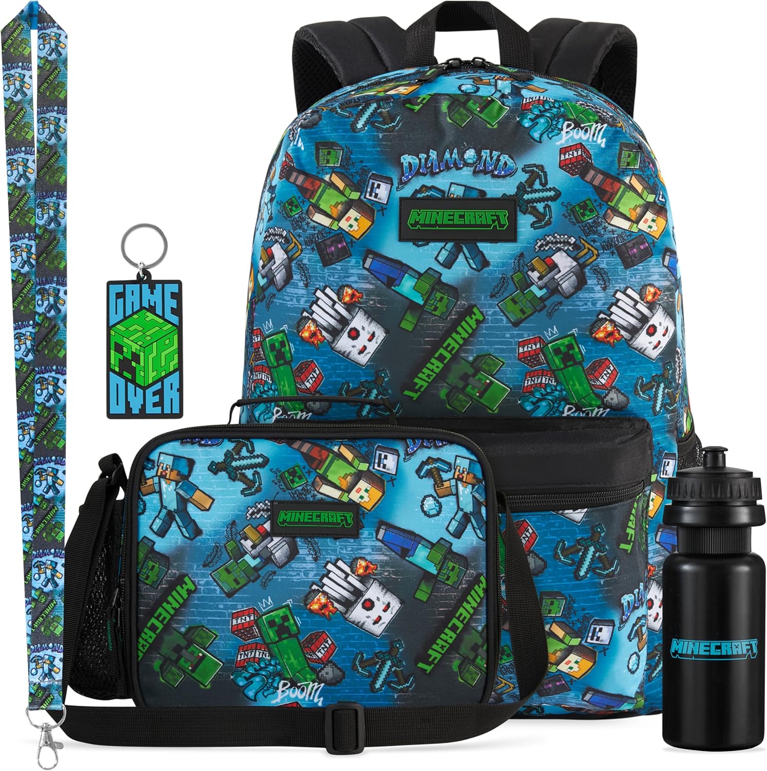 Get Trend Minecraft Kids Backpack Set for Boys with Insulated Lunch Bag, Water Bottle, Lanyard, & Charm, 5 Pc Book Bag with Padded Straps for School, Travel, Creeper Gamer Gifts (Multi Minecraft)