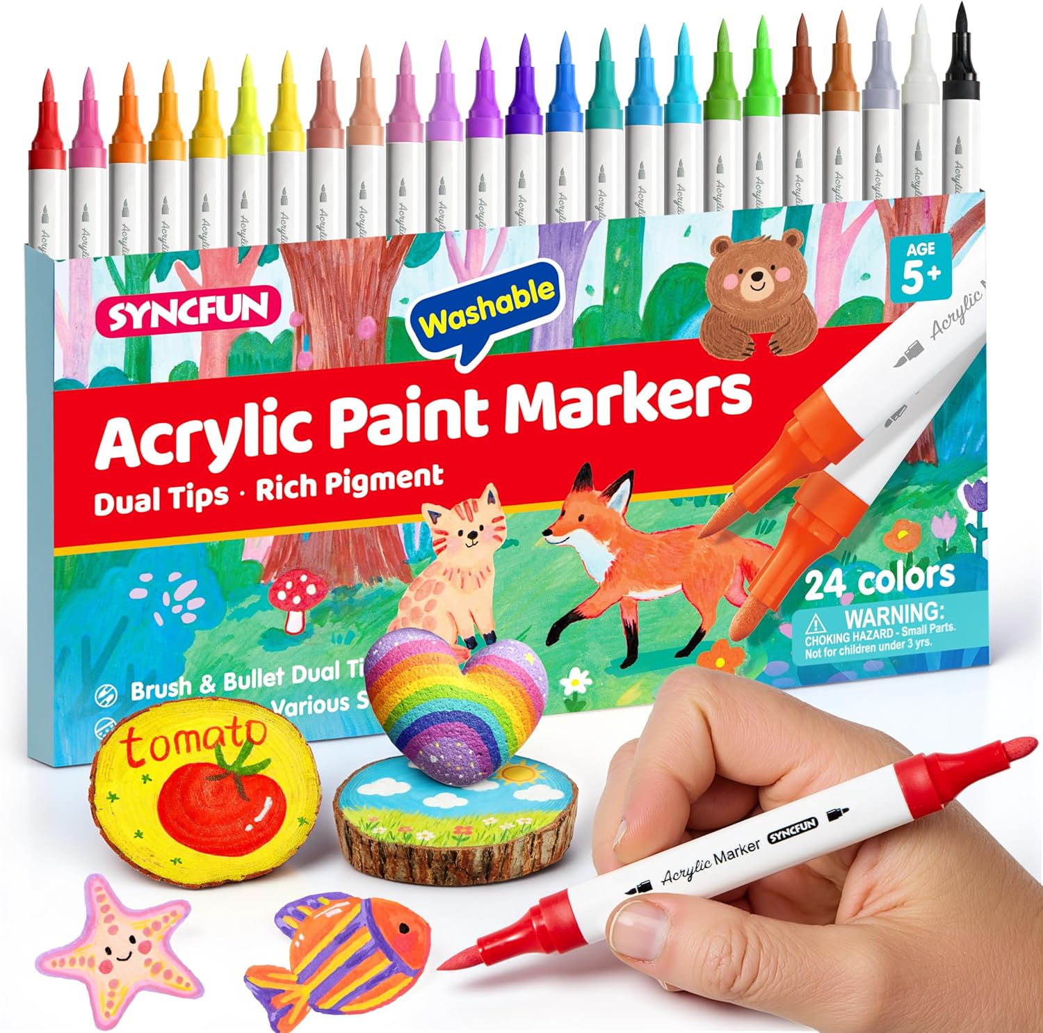 SYNCFUN 24 PCS Washable Acrylic Paint Markers, Dual Tip Acrylic Paint Pens for Paper, Window, Fabric, Canvas, Rock, Wood, Glass, Mirror, Plastic, Metal, Birthday Valentine Easter Gifts for Kids