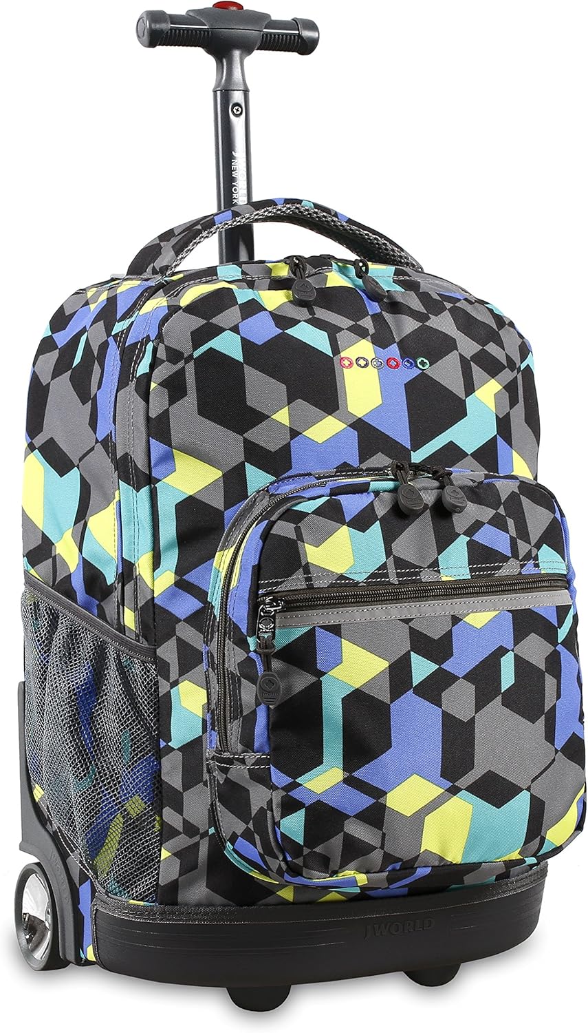J World Sunrise Kids Rolling Backpack with Wheels for Girls Boys, Roller Bookbag for School, 18 x 13 x 9 Inches, Cubes