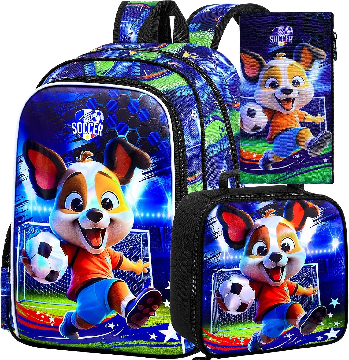 16″ Dog Soccer Backpack Set for Boys 4-8, 3Pcs Kindergarten School Bag with Football Lunch Box & Pencil Case, Durable Bookbag (Blue)