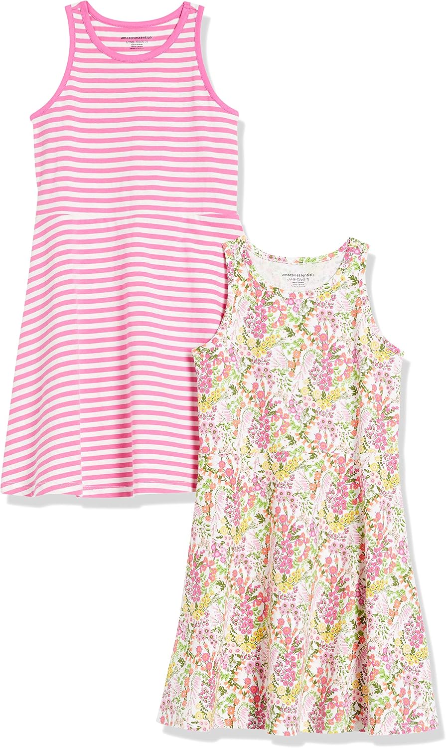 Amazon Essentials Girls and Toddlers’ Fit and Flare Knit Sleeveless Tank Dress, Pack of 2