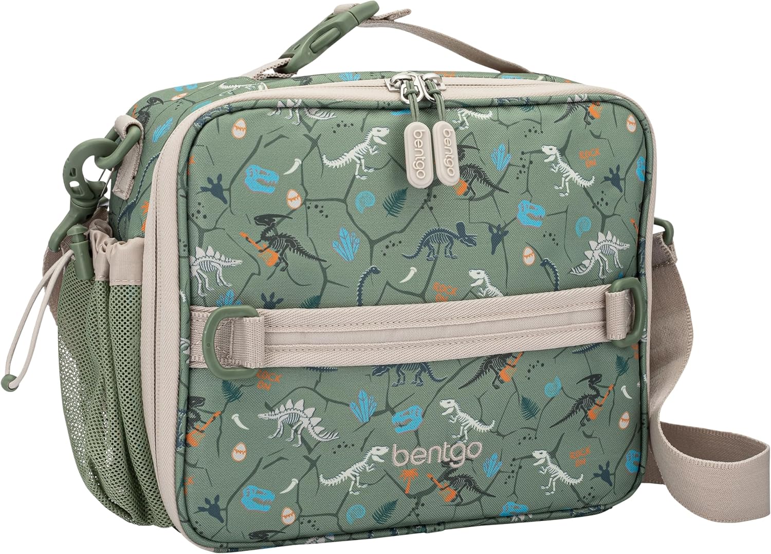 Bentgo Kids Lunch Bag – Durable, Double-Insulated Lunch Bag for Kids 3+; Holds Lunch Box, Water Bottle, & Snacks; Easy-Clean Water-Resistant Fabric & Multiple Zippered Pockets (Dino Fossils)