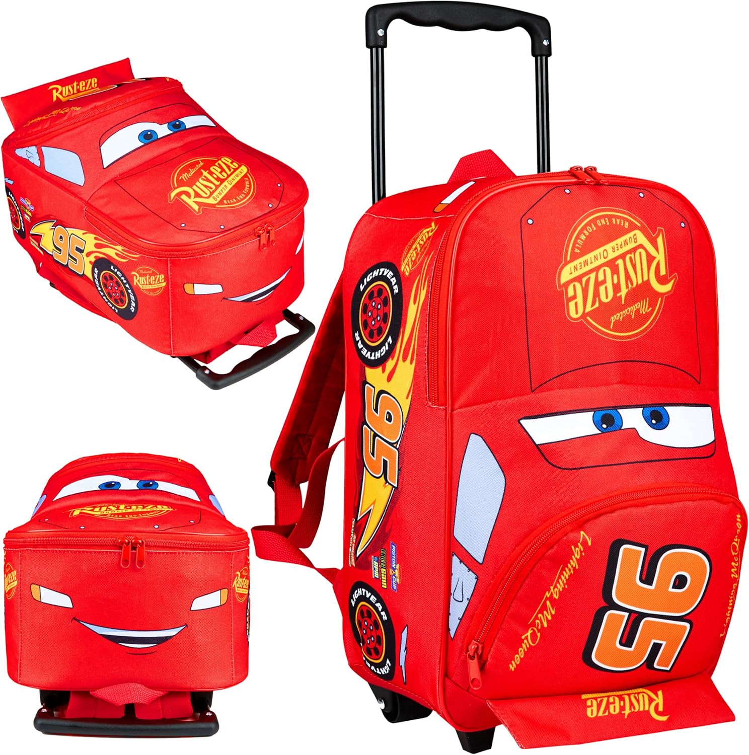 Disney Cars Lightning McQueen Carry-On Luggage with Wheels & Telescopic Handle for Kids 17”– 18.5L, Lightweight Travel Bag for Boys & Girls, Trips & Vacation Gifts