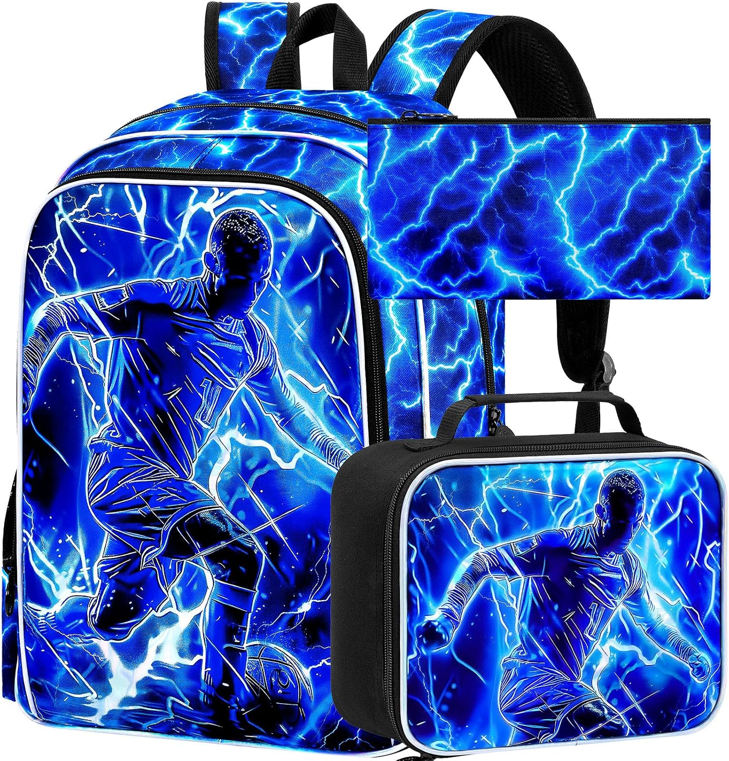 3Pcs Soccer Backpack for Boys, Lightning Kids Bookbag with Lunch Box, 17″ School Backpacks for Elementary Preschool Kindergarten (Blue)