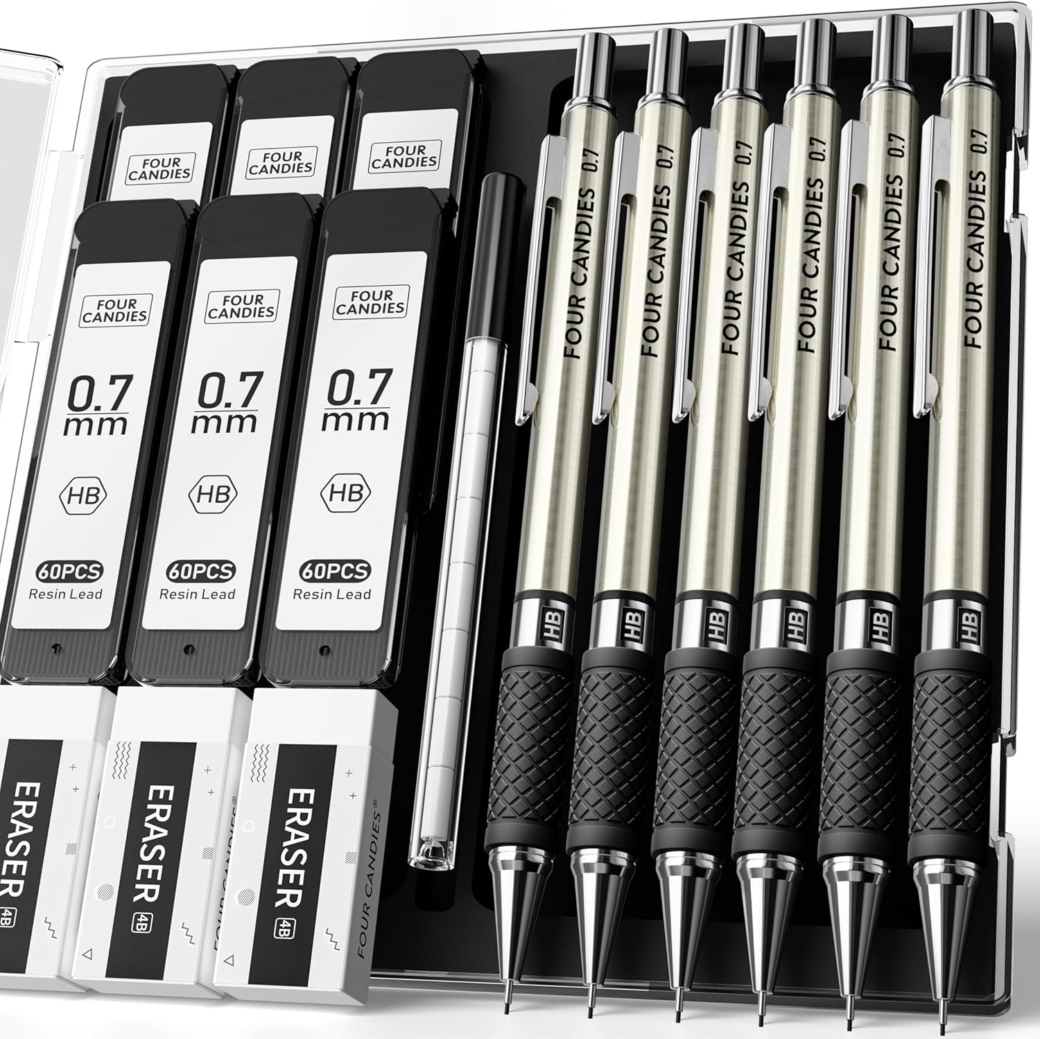 6PCS Metal Mechanical Pencil Set with 0.7mm Medium Point, 360 Leads, 12 Erasers, Art Mechanical Pencils Pack with Storage Case for School Writing, Sketching, Drawing & Professional Drafting
