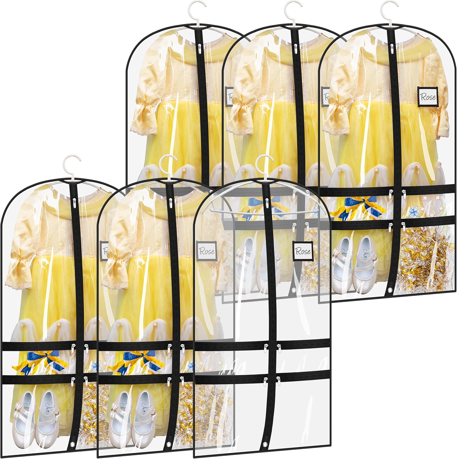 SLEEPING LAMB 6 Packs Clear Dance Garment Bags for Dancers with 4 Pockets, 40″ Kids Dance Costume Garment Bag for Travel and Dance Competition, Hanging Clothes Storage for Dress, Uniform, Black