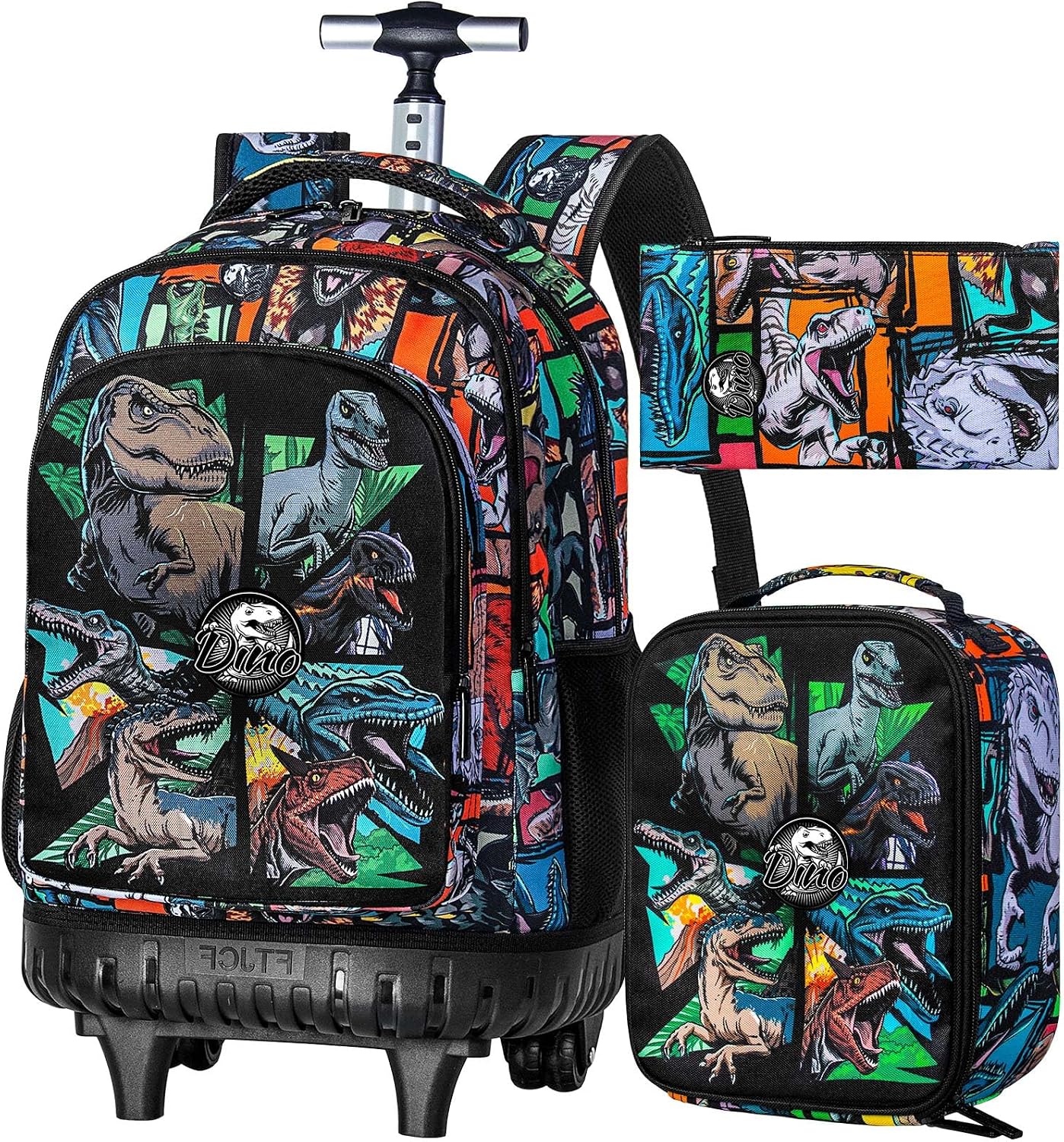 WZLVO 3PCS Rolling School Backpack, Water Resistance Roller Bookbag for Boys, Wheeled Bag Set with Lunch Box & Pencil Bag for Teens & Kids – Dinosaur Gathering