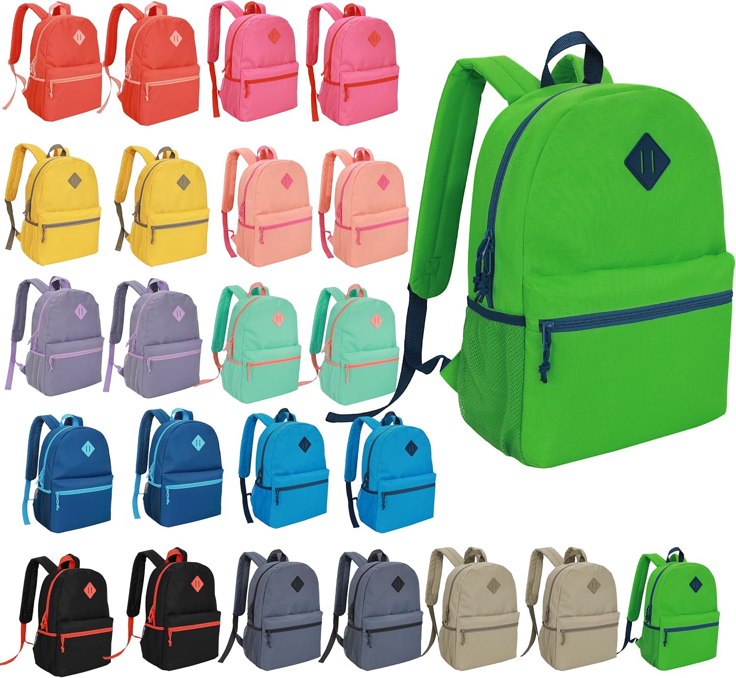 24-Pack 17″ Bulk Backpacks for School, Assorted 12 Colors, Durable Bookbags for Students, School Drives, Donations, and Giveaways