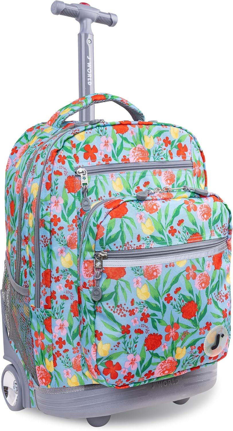 J World Sundance Laptop Rolling Backpack for Girls Boys. Roller Bookbag with Wheels, 20 Inch, Flora
