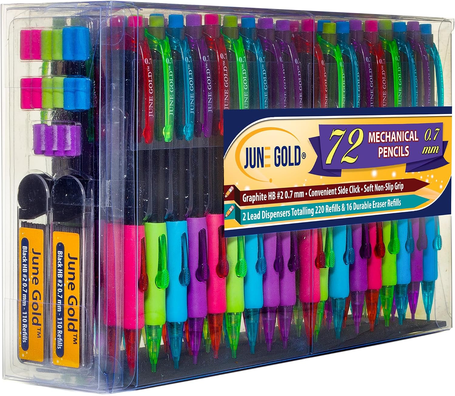 June Gold 72 Mechanical Pencils, 0.7 mm HB #2 Lead, 2 Dispensers/w 220 Graphite Refills & 16 Refill Erasers, Break Resistant Lead, Convenient Side Click & Soft Non-Slip Grip