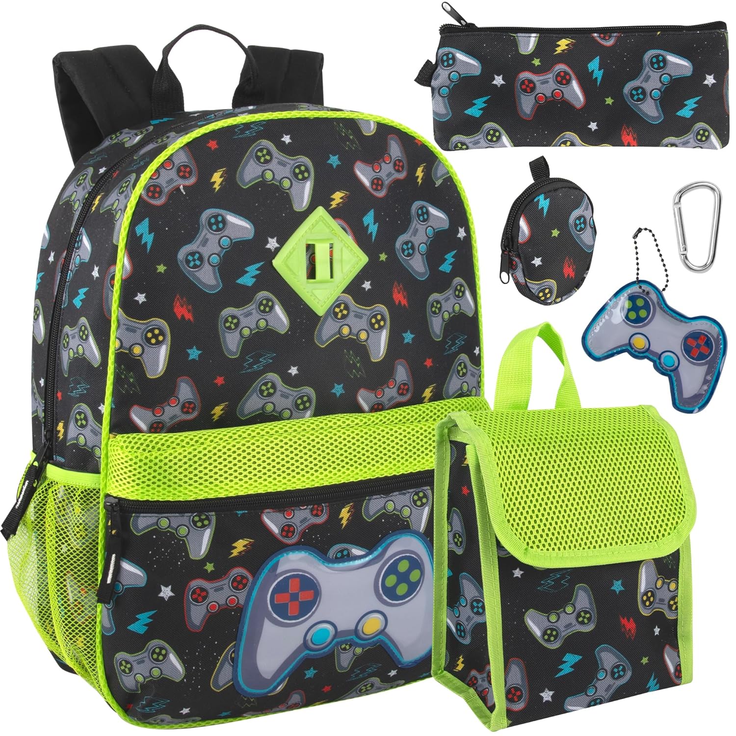 Trail maker 16.5 Inch Boys School Backpack 6 in 1 Set with Lunch Bag, Pencil Case, Tech Pouch, Keychain, Carabiner Clip Attached (Ready Player) for Travel, Commute