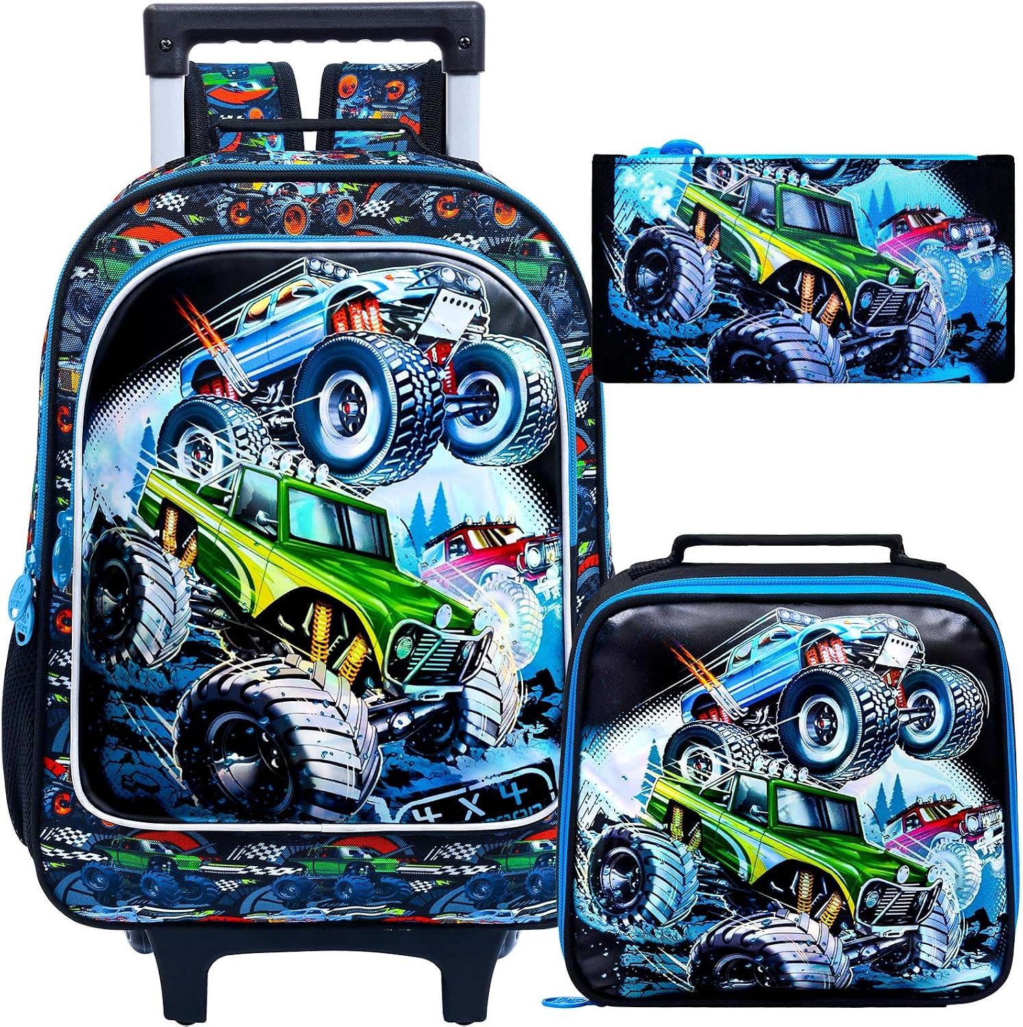 CCJPX 3PCS Truck Rolling Backpack for Boys, Kids Roller Wheels School Bookbag Set, Cars Travel Wheeled School Bag for Toddler Elementary Children-Blue